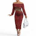 Aotearoa Maori Waikato Tainui Iwi Off The Shoulder Long Sleeve Dress Korowai Tukutuku Kaokao Motifs