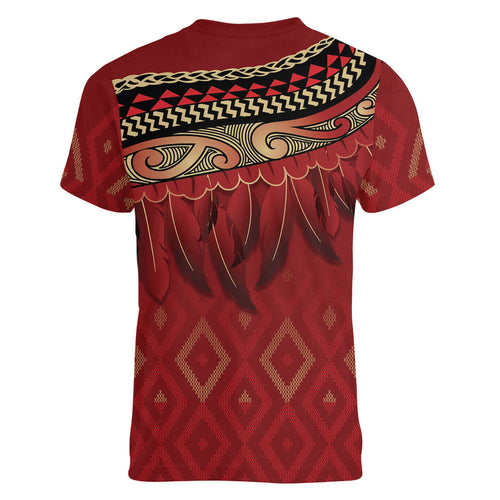 Aotearoa Maori Waikato Tainui Iwi Women V-Neck T-Shirt Korowai Tukutuku Kaokao Motifs