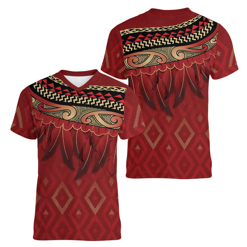 Aotearoa Maori Waikato Tainui Iwi Women V-Neck T-Shirt Korowai Tukutuku Kaokao Motifs