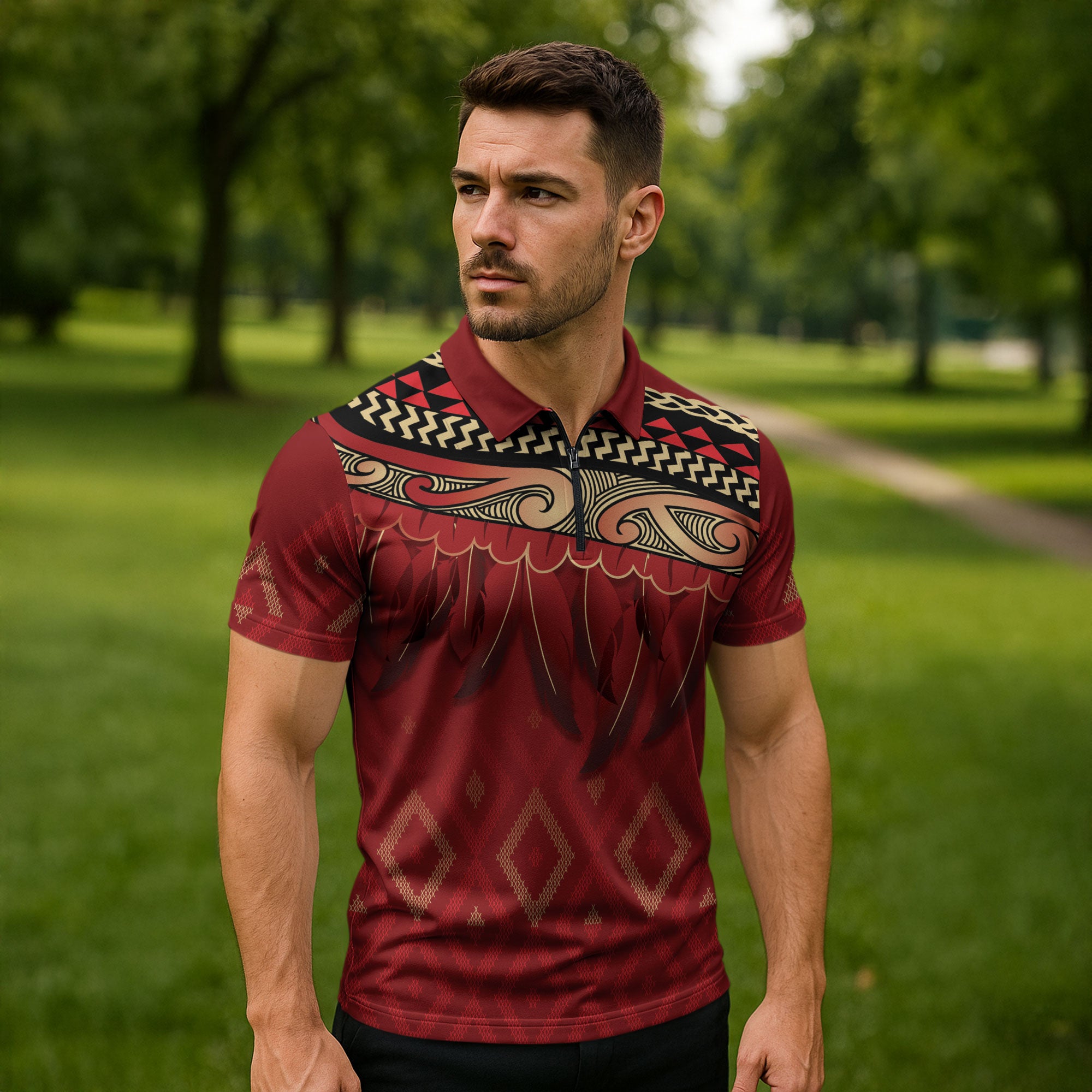 Aotearoa Maori Waikato Tainui Iwi Zipper Polo Shirt Korowai Tukutuku Kaokao Motifs
