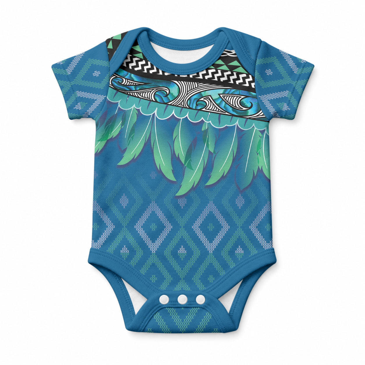 Aotearoa Maori Ngati Kahungunu Iwi Paua Blue Baby Onesie Korowai Tukutuku Kaokao Motifs