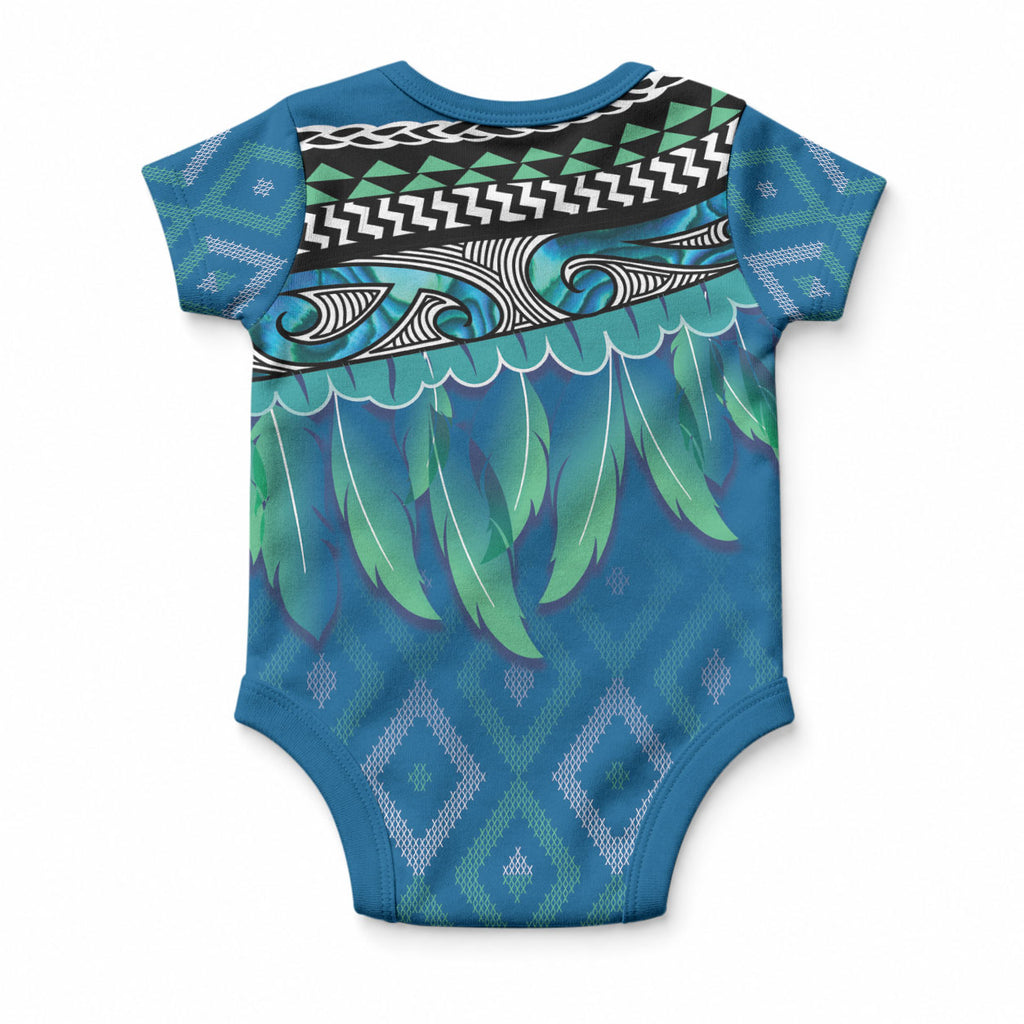 Aotearoa Maori Ngati Kahungunu Iwi Paua Blue Baby Onesie Korowai Tukutuku Kaokao Motifs