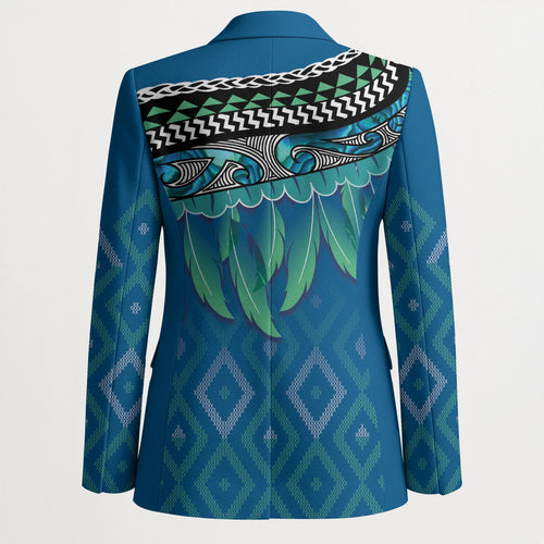 Aotearoa Maori Ngati Kahungunu Iwi Paua Blue Blazer Korowai Tukutuku Kaokao Motifs