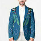 Aotearoa Maori Ngati Kahungunu Iwi Paua Blue Blazer Korowai Tukutuku Kaokao Motifs