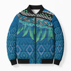 Aotearoa Maori Ngati Kahungunu Iwi Paua Blue Bomber Puffer Jacket Korowai Tukutuku Kaokao Motifs