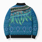 Aotearoa Maori Ngati Kahungunu Iwi Paua Blue Bomber Puffer Jacket Korowai Tukutuku Kaokao Motifs