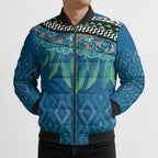 Aotearoa Maori Ngati Kahungunu Iwi Paua Blue Bomber Puffer Jacket Korowai Tukutuku Kaokao Motifs