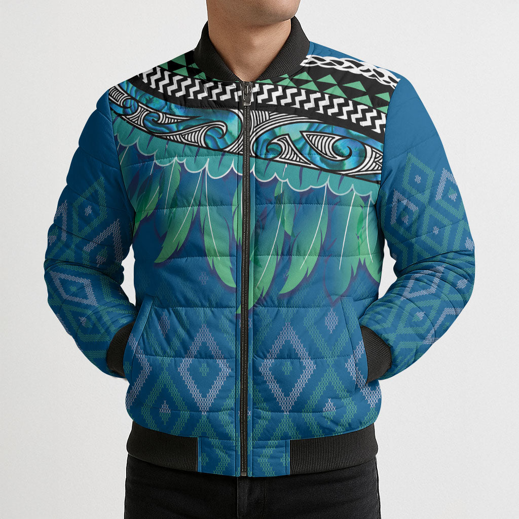 Aotearoa Maori Ngati Kahungunu Iwi Paua Blue Bomber Puffer Jacket Korowai Tukutuku Kaokao Motifs