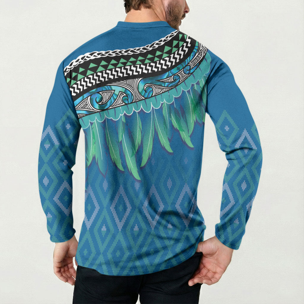 Aotearoa Maori Ngati Kahungunu Iwi Paua Blue Button Sweatshirt Korowai Tukutuku Kaokao Motifs