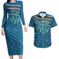 Aotearoa Maori Ngati Kahungunu Iwi Paua Blue Couples Matching Long Sleeve Bodycon Dress and Hawaiian Shirt Korowai Tukutuku Kaokao Motifs