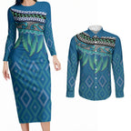 Aotearoa Maori Ngati Kahungunu Iwi Paua Blue Couples Matching Long Sleeve Bodycon Dress and Long Sleeve Button Shirt Korowai Tukutuku Kaokao Motifs