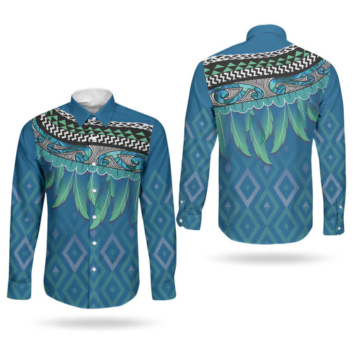 Aotearoa Maori Ngati Kahungunu Iwi Paua Blue Couples Matching Long Sleeve Bodycon Dress and Long Sleeve Button Shirt Korowai Tukutuku Kaokao Motifs