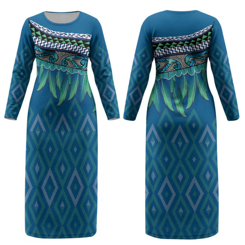 Aotearoa Maori Ngati Kahungunu Iwi Paua Blue Couples Matching Long Sleeve Bodycon Dress and Long Sleeve Button Shirt Korowai Tukutuku Kaokao Motifs
