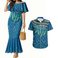 Aotearoa Maori Ngati Kahungunu Iwi Paua Blue Couples Matching Mermaid Dress and Hawaiian Shirt Korowai Tukutuku Kaokao Motifs