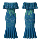 Aotearoa Maori Ngati Kahungunu Iwi Paua Blue Couples Matching Mermaid Dress and Hawaiian Shirt Korowai Tukutuku Kaokao Motifs