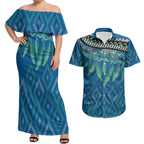 Aotearoa Maori Ngati Kahungunu Iwi Paua Blue Couples Matching Off Shoulder Maxi Dress and Hawaiian Shirt Korowai Tukutuku Kaokao Motifs