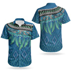 Aotearoa Maori Ngati Kahungunu Iwi Paua Blue Couples Matching Off Shoulder Maxi Dress and Hawaiian Shirt Korowai Tukutuku Kaokao Motifs