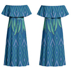 Aotearoa Maori Ngati Kahungunu Iwi Paua Blue Couples Matching Off Shoulder Maxi Dress and Hawaiian Shirt Korowai Tukutuku Kaokao Motifs