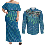Aotearoa Maori Ngati Kahungunu Iwi Paua Blue Couples Matching Off Shoulder Maxi Dress and Long Sleeve Button Shirt Korowai Tukutuku Kaokao Motifs