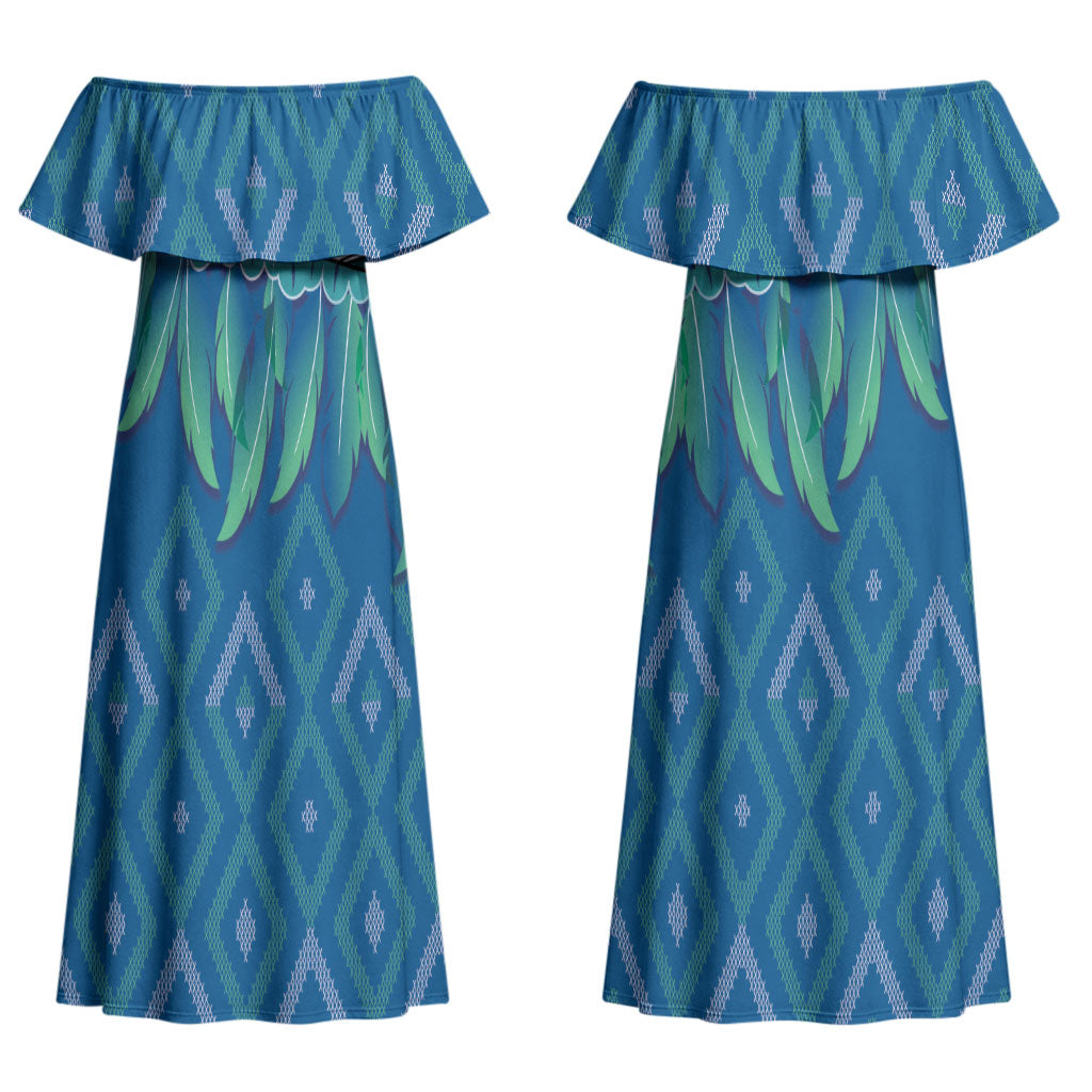 Aotearoa Maori Ngati Kahungunu Iwi Paua Blue Couples Matching Off Shoulder Maxi Dress and Long Sleeve Button Shirt Korowai Tukutuku Kaokao Motifs