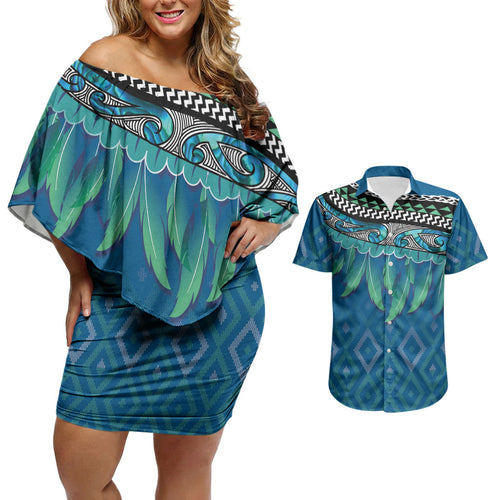 Aotearoa Maori Ngati Kahungunu Iwi Paua Blue Couples Matching Off Shoulder Short Dress and Hawaiian Shirt Korowai Tukutuku Kaokao Motifs