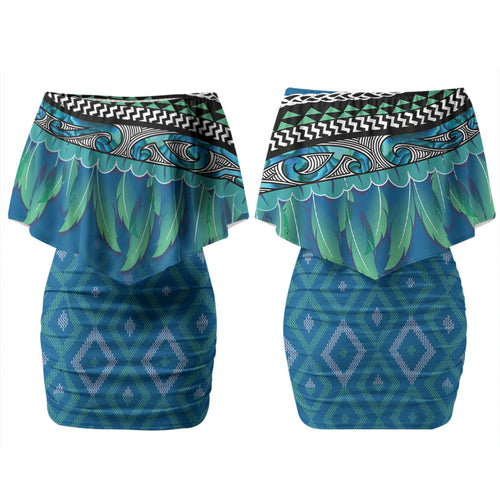 Aotearoa Maori Ngati Kahungunu Iwi Paua Blue Couples Matching Off Shoulder Short Dress and Hawaiian Shirt Korowai Tukutuku Kaokao Motifs