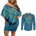 Aotearoa Maori Ngati Kahungunu Iwi Paua Blue Couples Matching Off Shoulder Short Dress and Long Sleeve Button Shirt Korowai Tukutuku Kaokao Motifs