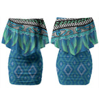 Aotearoa Maori Ngati Kahungunu Iwi Paua Blue Couples Matching Off Shoulder Short Dress and Long Sleeve Button Shirt Korowai Tukutuku Kaokao Motifs