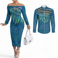 Aotearoa Maori Ngati Kahungunu Iwi Paua Blue Couples Matching Off The Shoulder Long Sleeve Dress and Long Sleeve Button Shirt Korowai Tukutuku Kaokao Motifs