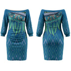 Aotearoa Maori Ngati Kahungunu Iwi Paua Blue Couples Matching Off The Shoulder Long Sleeve Dress and Long Sleeve Button Shirt Korowai Tukutuku Kaokao Motifs
