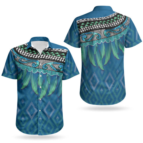 Aotearoa Maori Ngati Kahungunu Iwi Paua Blue Couples Matching Puletasi and Hawaiian Shirt Korowai Tukutuku Kaokao Motifs