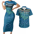 Aotearoa Maori Ngati Kahungunu Iwi Paua Blue Couples Matching Short Sleeve Bodycon Dress and Hawaiian Shirt Korowai Tukutuku Kaokao Motifs