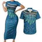 Aotearoa Maori Ngati Kahungunu Iwi Paua Blue Couples Matching Short Sleeve Bodycon Dress and Hawaiian Shirt Korowai Tukutuku Kaokao Motifs