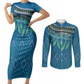 Aotearoa Maori Ngati Kahungunu Iwi Paua Blue Couples Matching Short Sleeve Bodycon Dress and Long Sleeve Button Shirt Korowai Tukutuku Kaokao Motifs
