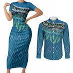 Aotearoa Maori Ngati Kahungunu Iwi Paua Blue Couples Matching Short Sleeve Bodycon Dress and Long Sleeve Button Shirt Korowai Tukutuku Kaokao Motifs