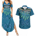 Aotearoa Maori Ngati Kahungunu Iwi Paua Blue Couples Matching Summer Maxi Dress and Hawaiian Shirt Korowai Tukutuku Kaokao Motifs
