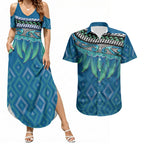 Aotearoa Maori Ngati Kahungunu Iwi Paua Blue Couples Matching Summer Maxi Dress and Hawaiian Shirt Korowai Tukutuku Kaokao Motifs