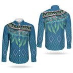 Aotearoa Maori Ngati Kahungunu Iwi Paua Blue Couples Matching Summer Maxi Dress and Long Sleeve Button Shirt Korowai Tukutuku Kaokao Motifs
