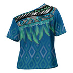 Aotearoa Maori Ngati Kahungunu Iwi Paua Blue Cross Shoulder Shirt Korowai Tukutuku Kaokao Motifs