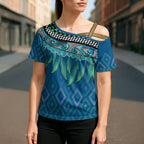 Aotearoa Maori Ngati Kahungunu Iwi Paua Blue Cross Shoulder Shirt Korowai Tukutuku Kaokao Motifs