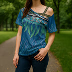 Aotearoa Maori Ngati Kahungunu Iwi Paua Blue Cross Shoulder Shirt Korowai Tukutuku Kaokao Motifs