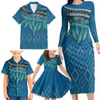 Aotearoa Maori Ngati Kahungunu Iwi Paua Blue Family Matching Long Sleeve Bodycon Dress and Hawaiian Shirt Korowai Tukutuku Kaokao Motifs