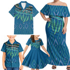 Aotearoa Maori Ngati Kahungunu Iwi Paua Blue Family Matching Off Shoulder Maxi Dress and Hawaiian Shirt Korowai Tukutuku Kaokao Motifs