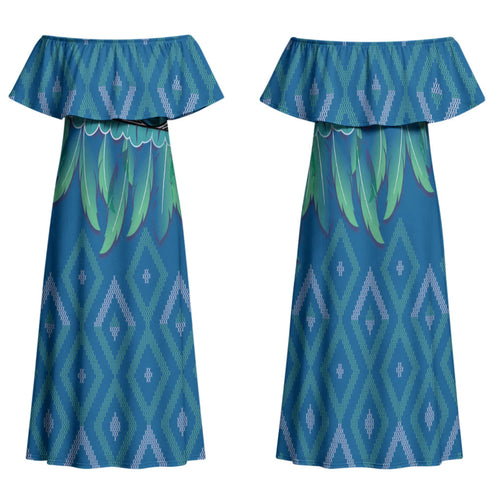 Aotearoa Maori Ngati Kahungunu Iwi Paua Blue Family Matching Off Shoulder Maxi Dress and Hawaiian Shirt Korowai Tukutuku Kaokao Motifs