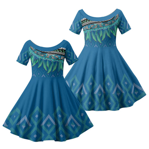 Aotearoa Maori Ngati Kahungunu Iwi Paua Blue Family Matching Off Shoulder Maxi Dress and Hawaiian Shirt Korowai Tukutuku Kaokao Motifs