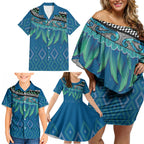 Aotearoa Maori Ngati Kahungunu Iwi Paua Blue Family Matching Off Shoulder Short Dress and Hawaiian Shirt Korowai Tukutuku Kaokao Motifs