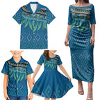 Aotearoa Maori Ngati Kahungunu Iwi Paua Blue Family Matching Puletasi and Hawaiian Shirt Korowai Tukutuku Kaokao Motifs