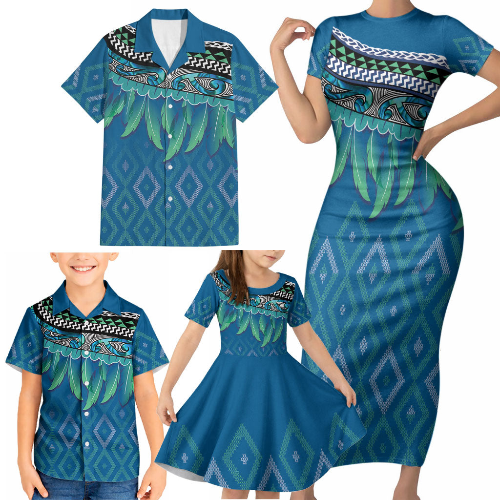 Aotearoa Maori Ngati Kahungunu Iwi Paua Blue Family Matching Short Sleeve Bodycon Dress and Hawaiian Shirt Korowai Tukutuku Kaokao Motifs