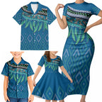 Aotearoa Maori Ngati Kahungunu Iwi Paua Blue Family Matching Short Sleeve Bodycon Dress and Hawaiian Shirt Korowai Tukutuku Kaokao Motifs