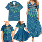 Aotearoa Maori Ngati Kahungunu Iwi Paua Blue Family Matching Summer Maxi Dress and Hawaiian Shirt Korowai Tukutuku Kaokao Motifs
